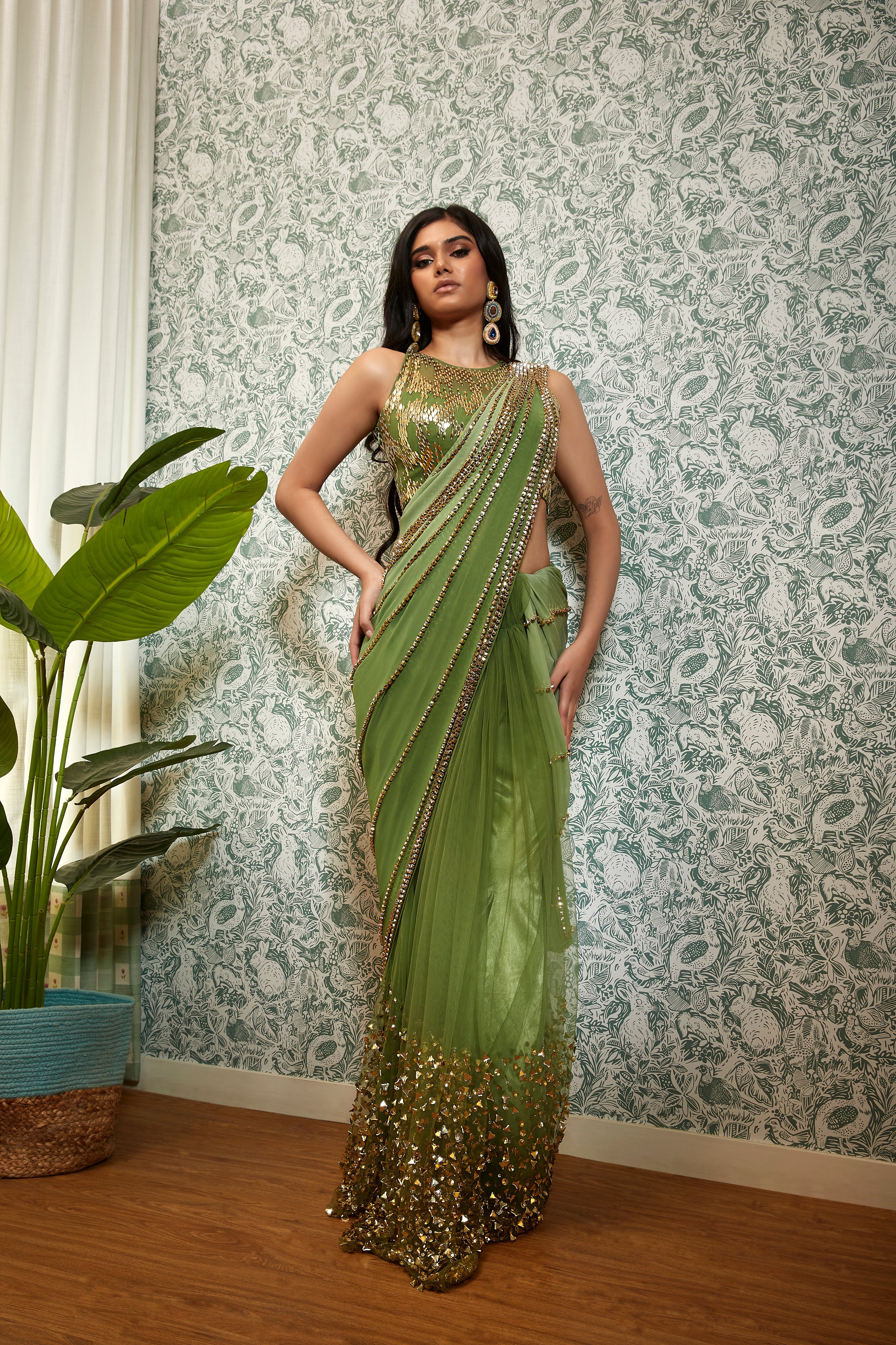 PERFECT TIMES : OLIVE SHADED EMBELLISHED SAREE SET