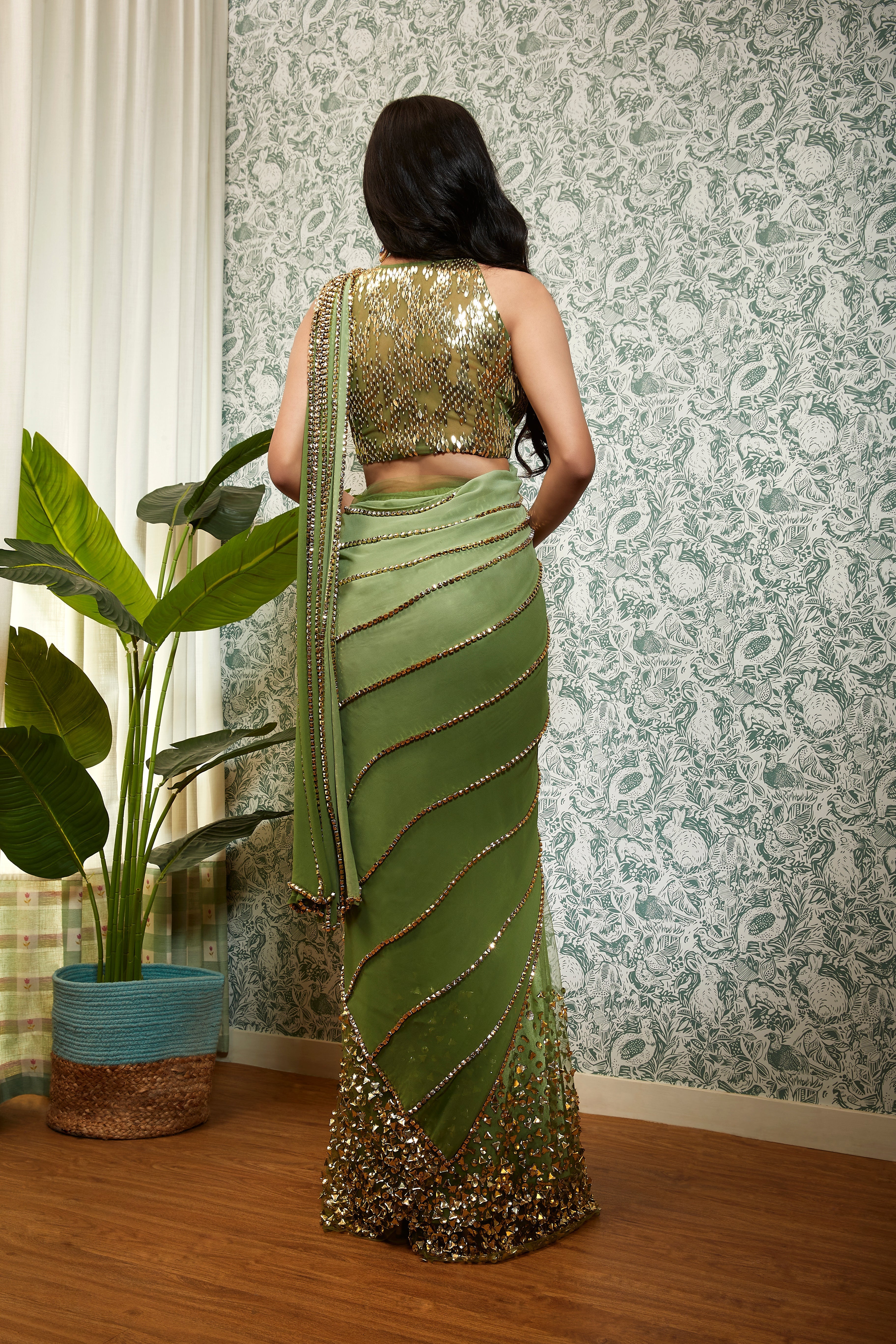 PERFECT TIMES : OLIVE SHADED EMBELLISHED SAREE SET