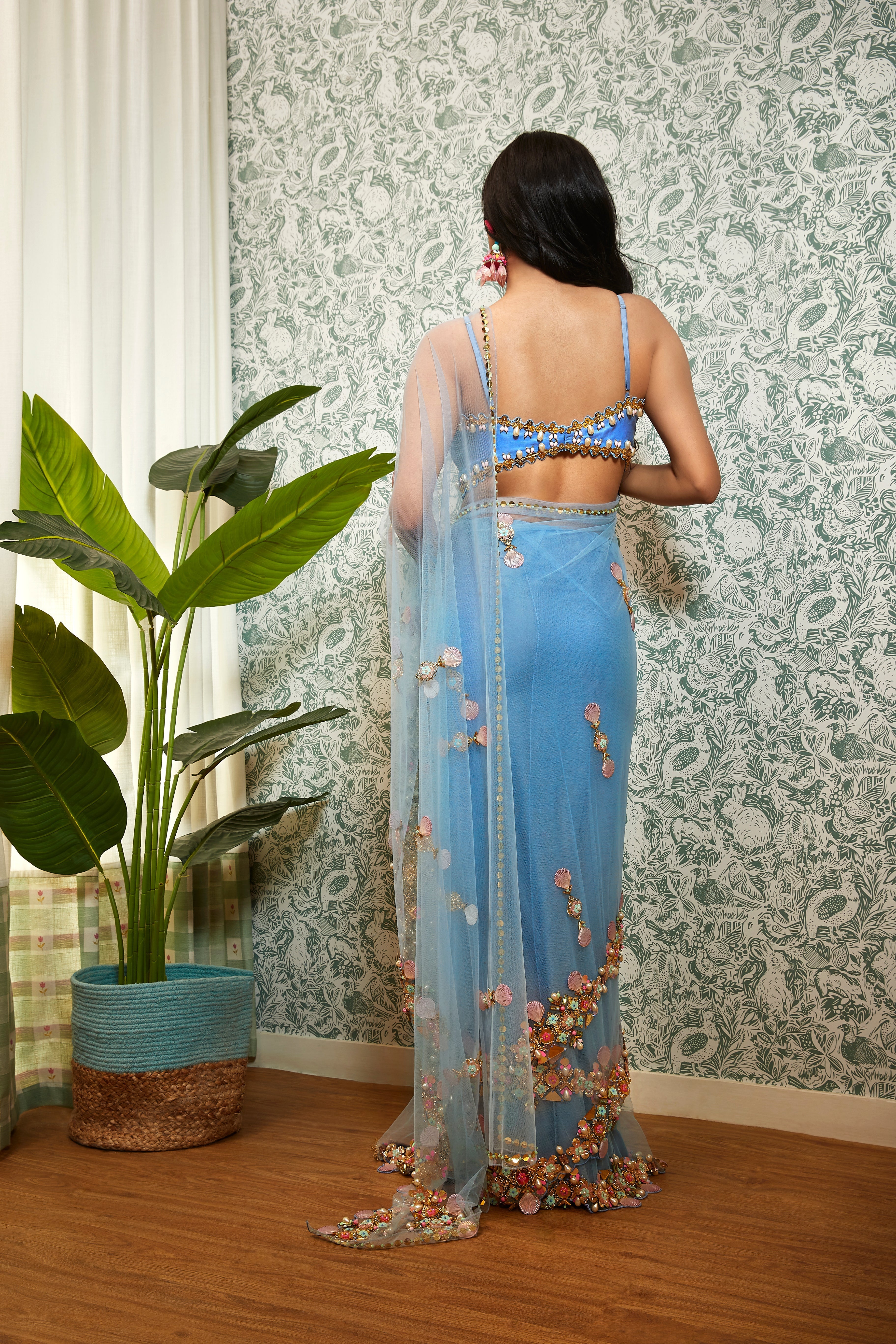 TIME FOR YOU: ICE BLUE EMBELLISHED  NET SAREE SET