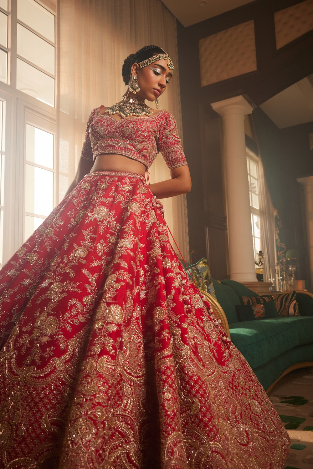 Red heavily embroidered lehenga