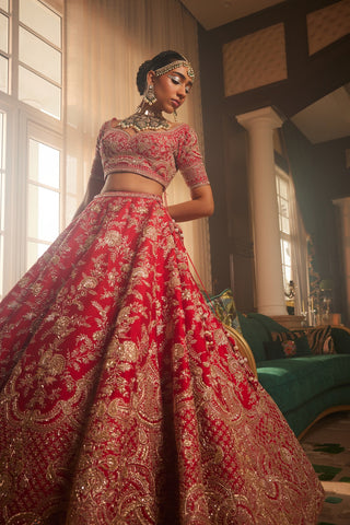 Red heavily embroidered lehenga