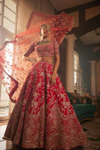 Red heavily embroidered lehenga