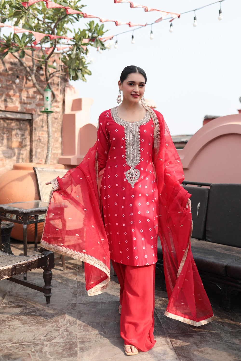 RED EMBROIDERD SUIT WITH SHARARA