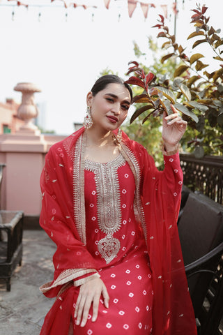 RED EMBROIDERD SUIT WITH SHARARA