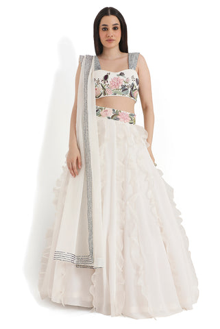 Ivory Embroidered Choli And Ruffle Lehenga With Dupatta