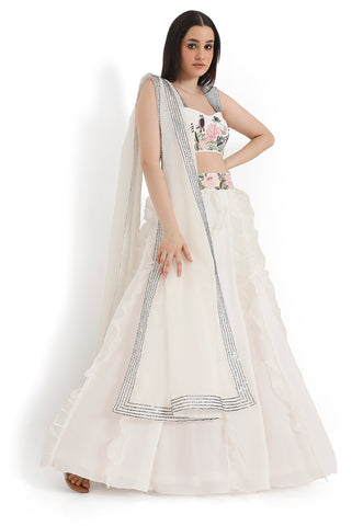 Ivory Embroidered Choli And Ruffle Lehenga With Dupatta