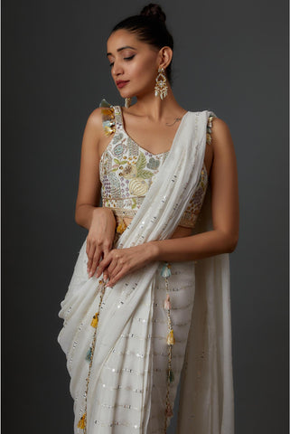 OFF WHITE EMBROIDERED CHOLI WITH SEQUINS SAREE