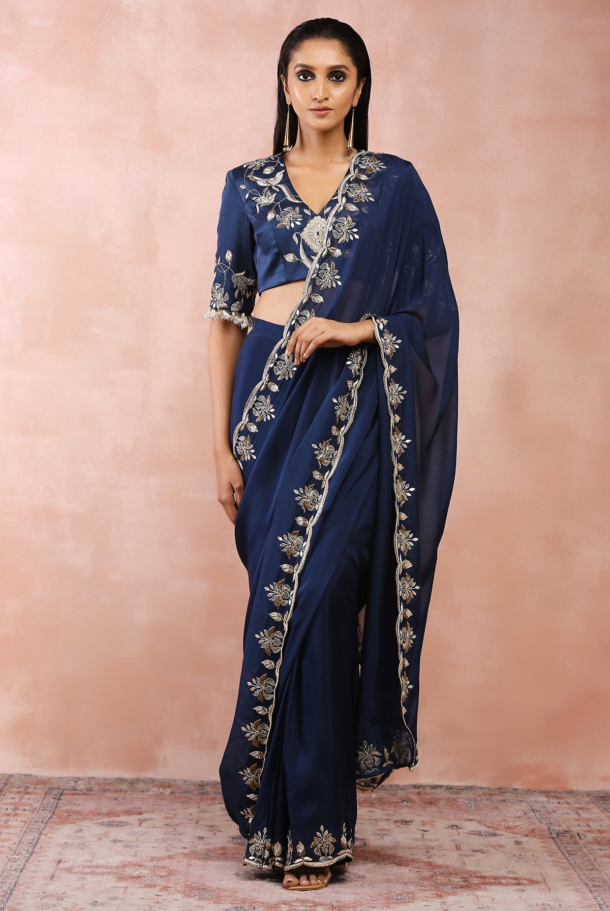 Navy embroidered choli and pre-stitched saree