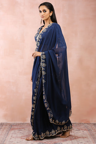 Navy embroidered choli and pre-stitched saree