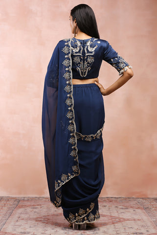 Navy embroidered choli and pre-stitched saree