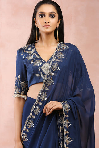 Navy embroidered choli and pre-stitched saree