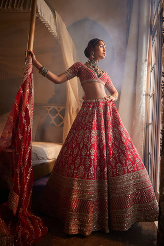 Red heavily embroidered lehenga