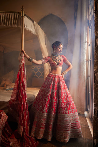 Red heavily embroidered lehenga