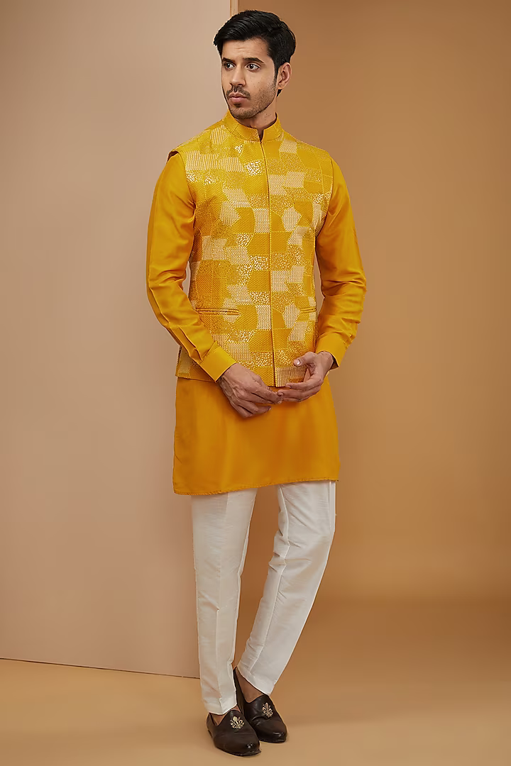 Mustard Embroidered Kurta-Jacket Set