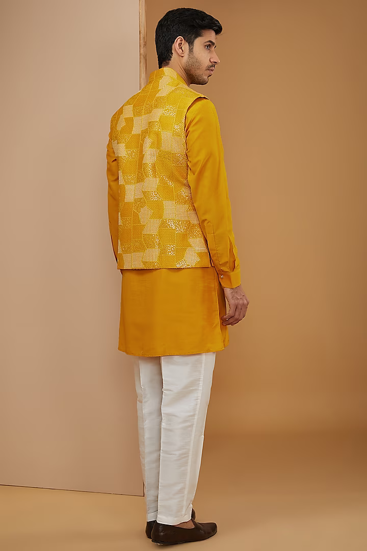 Mustard Embroidered Kurta-Jacket Set