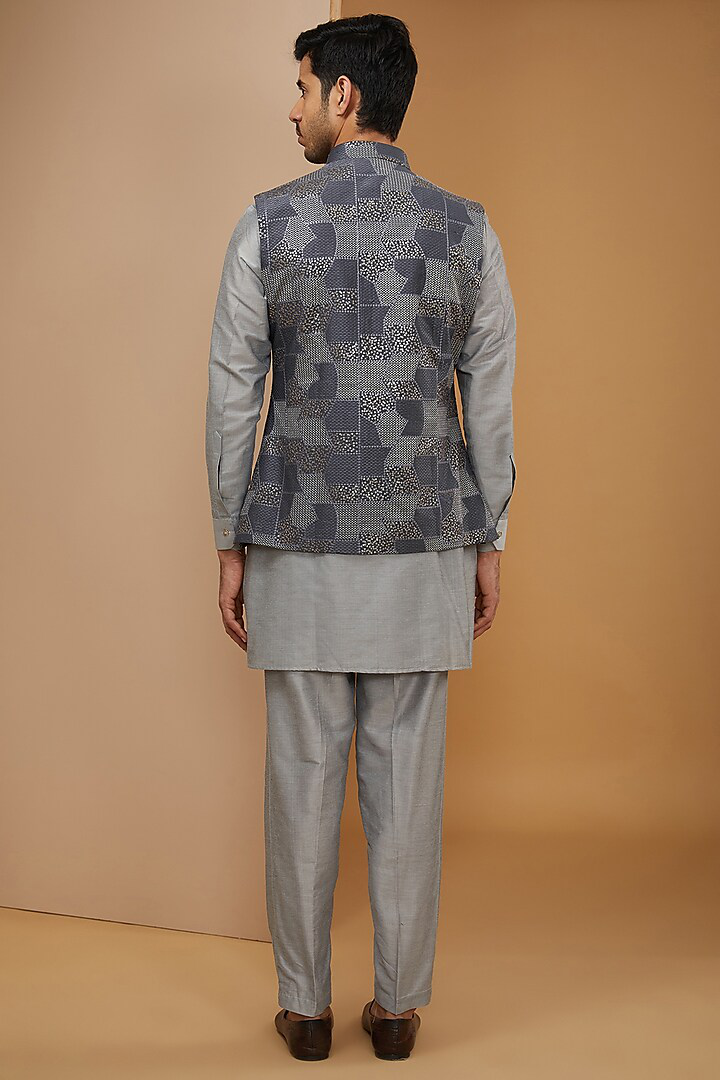 Royal Blue and Grey Embroidered Kurta-Jacket Set