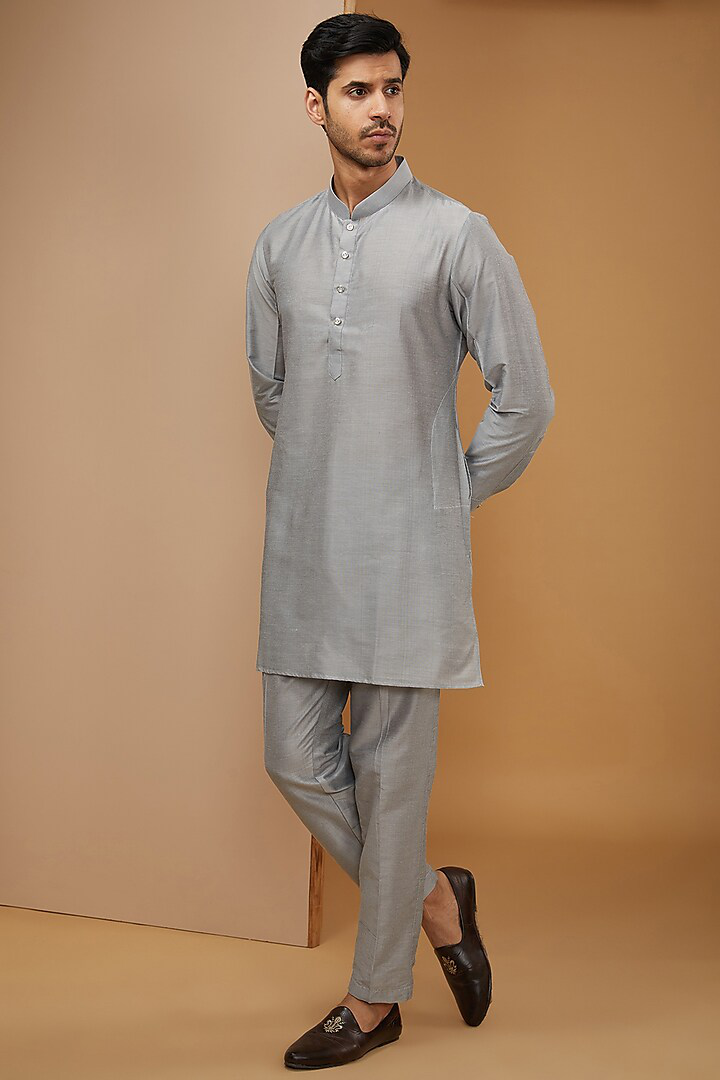 Royal Blue and Grey Embroidered Kurta-Jacket Set