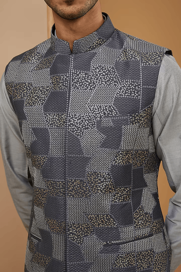 Royal Blue and Grey Embroidered Kurta-Jacket Set