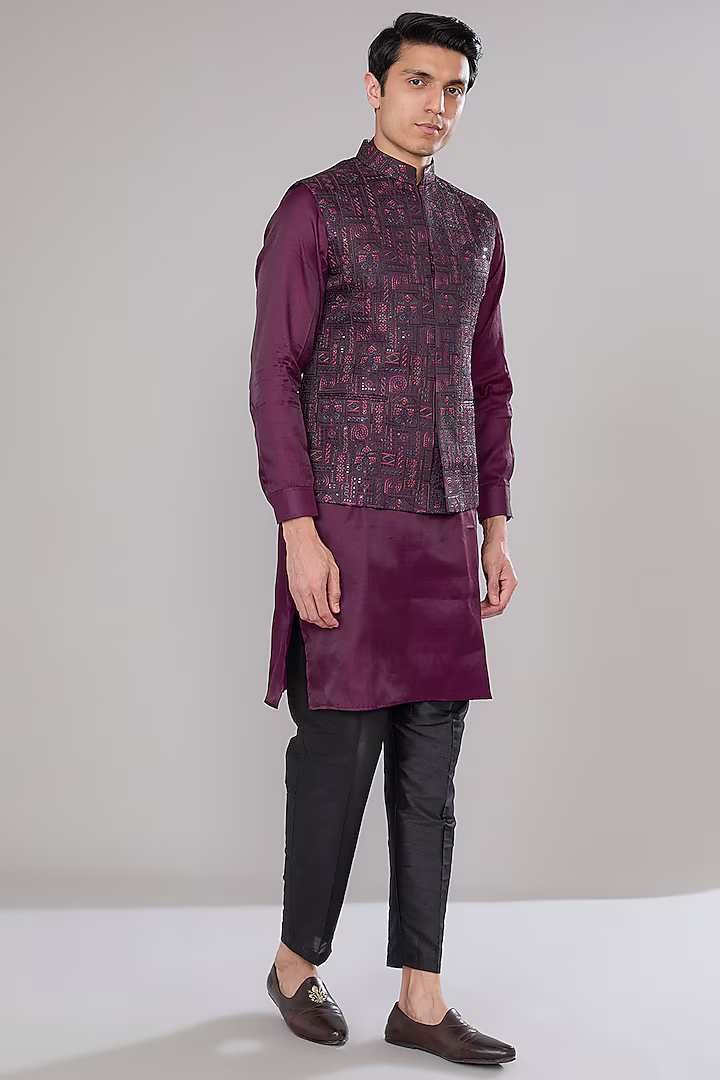 Wine Embroidered Kurta-Jacket Set