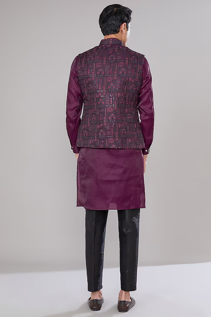 Wine Embroidered Kurta-Jacket Set