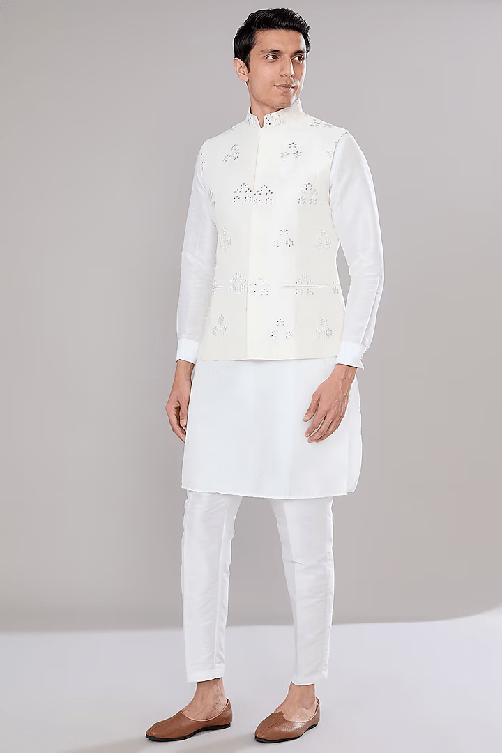 Off White Embroidered Kurta-Jacket Set