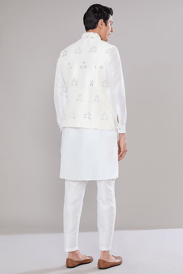 Off White Embroidered Kurta-Jacket Set