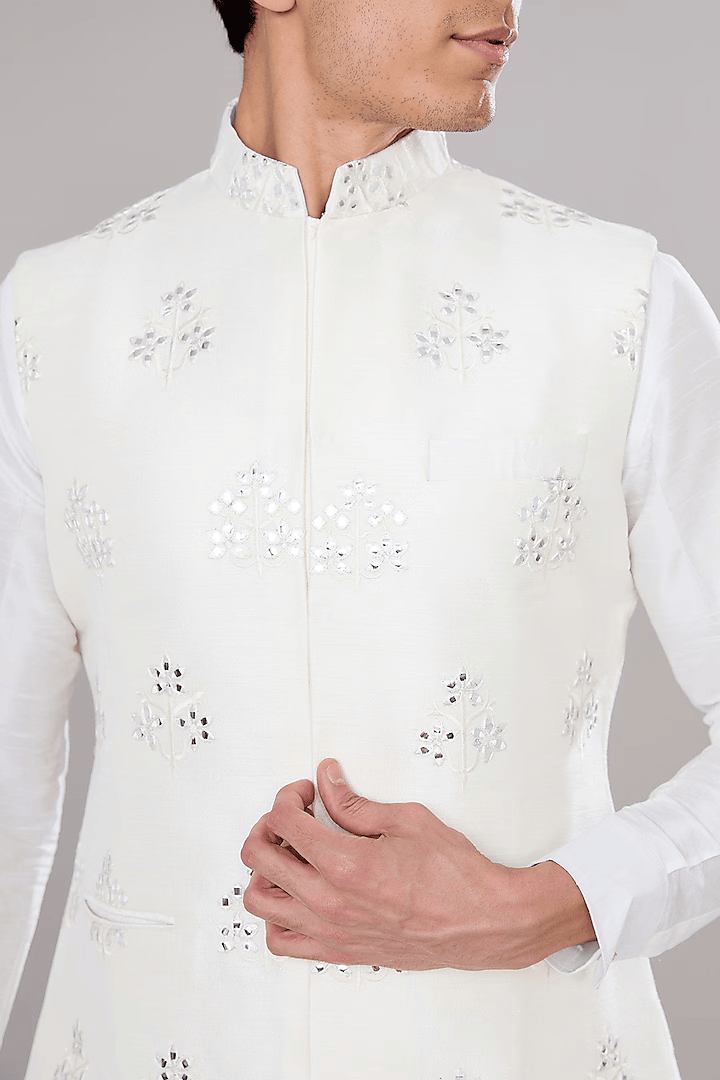 Off White Embroidered Kurta-Jacket Set