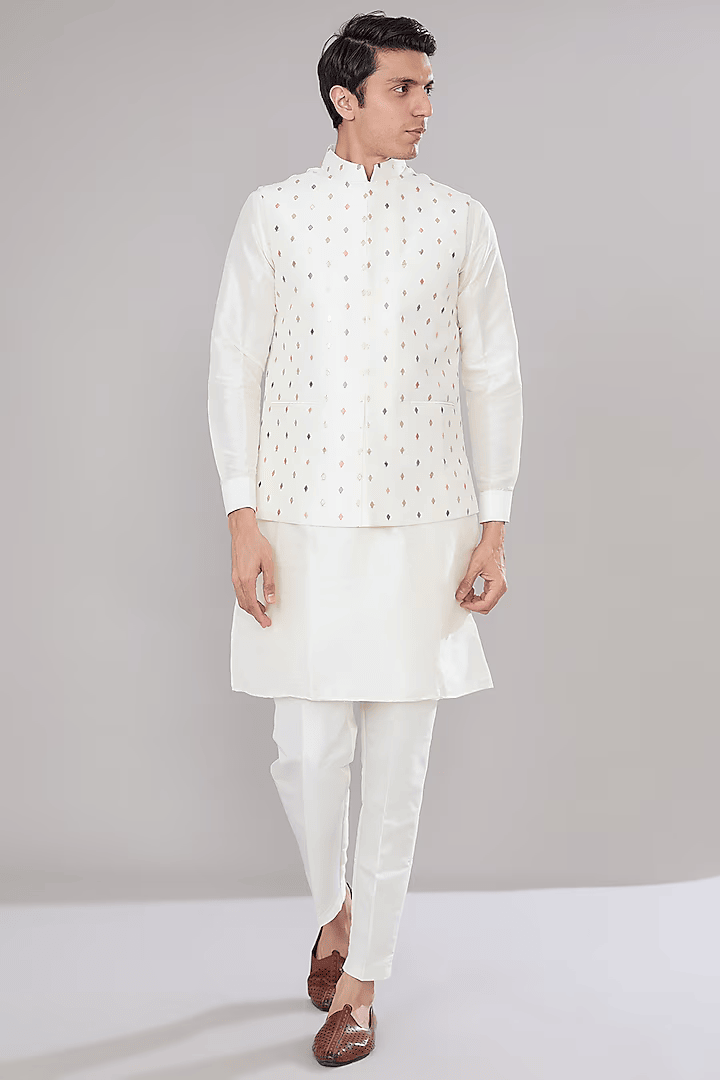 Off White Embroidered Kurta-Jacket Set