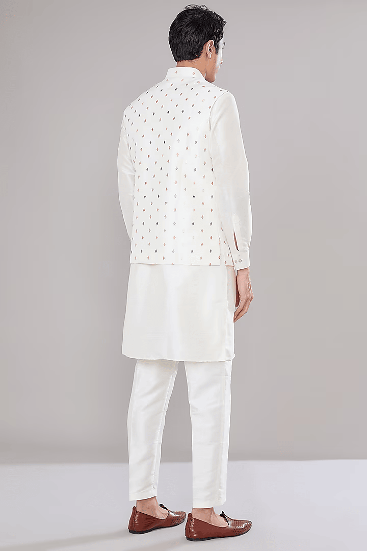 Off White Embroidered Kurta-Jacket Set