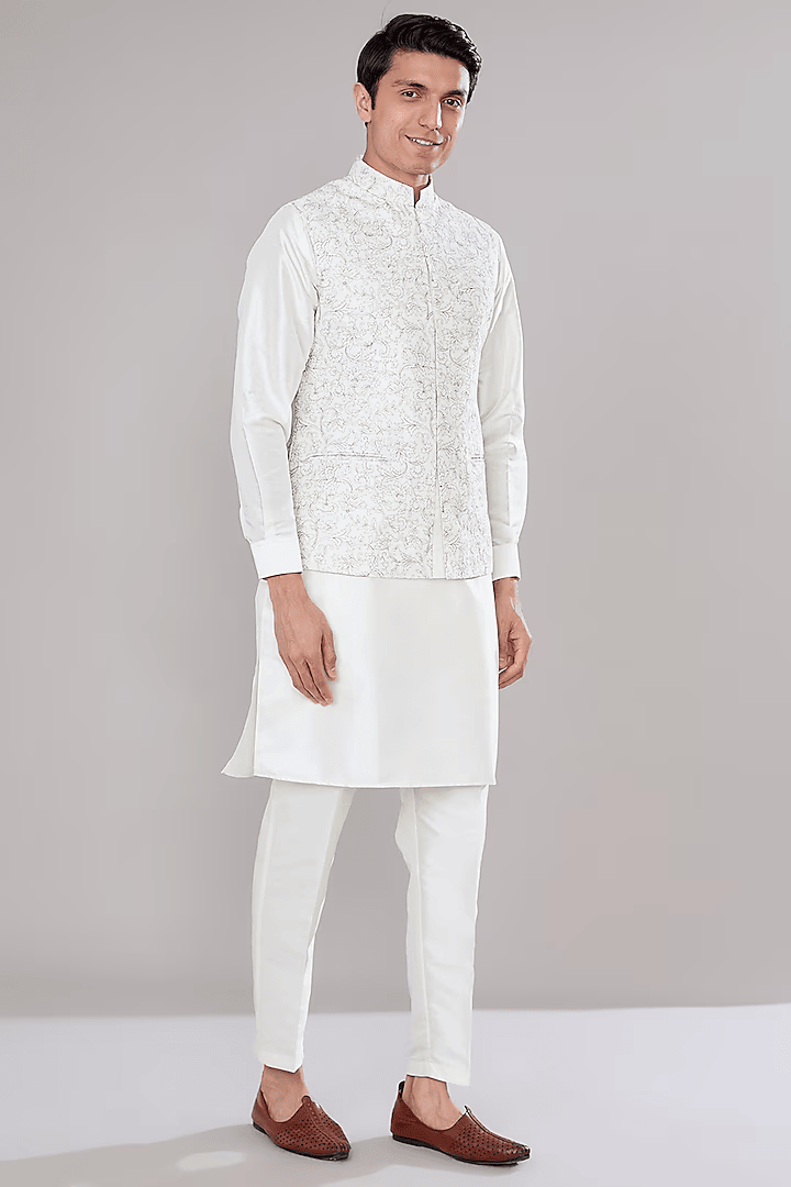 Off White Printed Kurta-Jacket Set