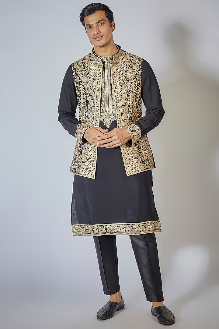 Black Embroidered Kurta-Jacket Set