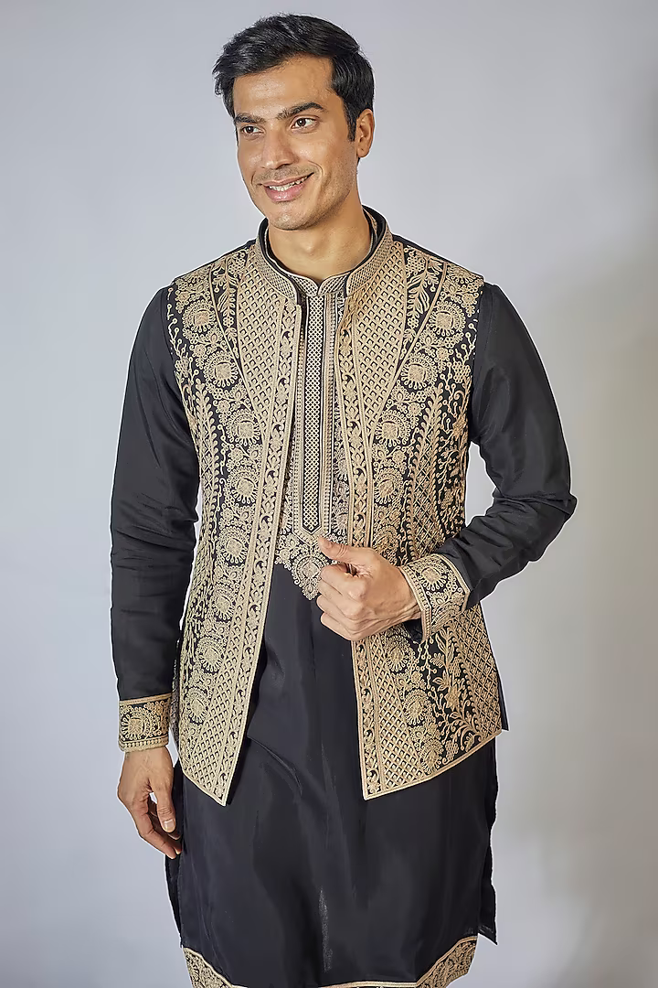 Black Embroidered Kurta-Jacket Set