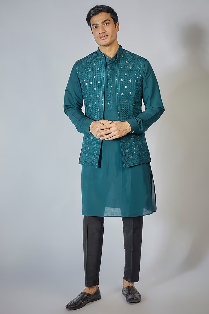 Navy Blue Embroidered Kurta-Jacket Set