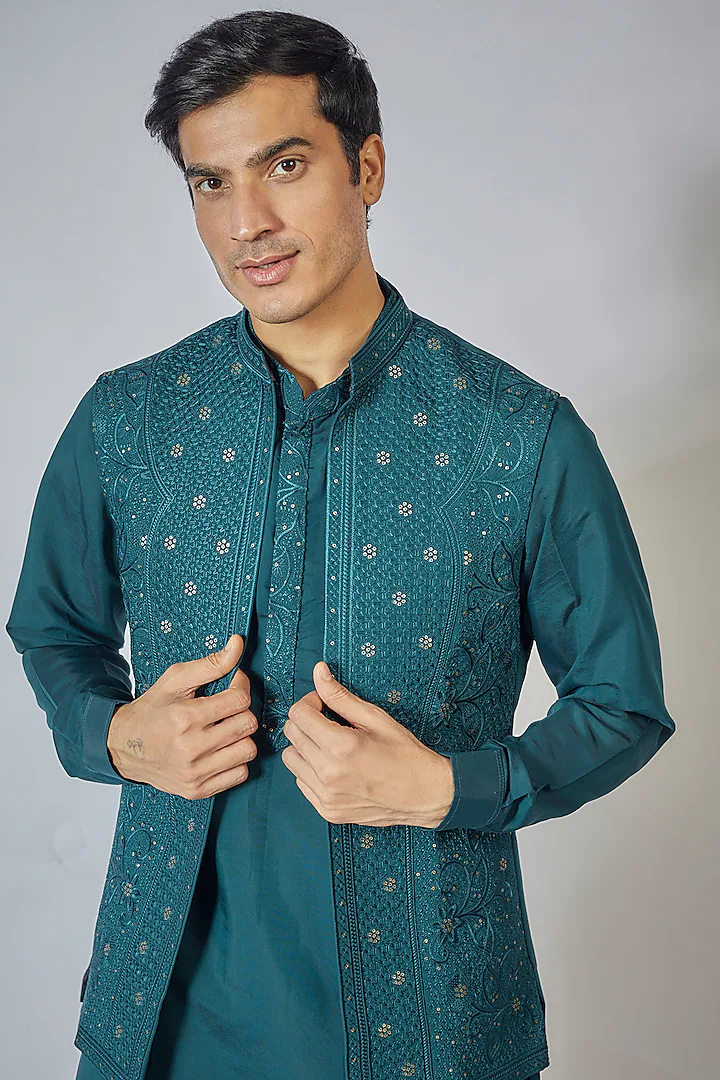 Navy Blue Embroidered Kurta-Jacket Set