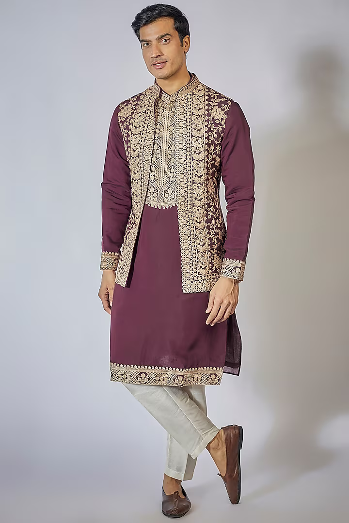 Purple Embroidered Kurta-Jacket Set