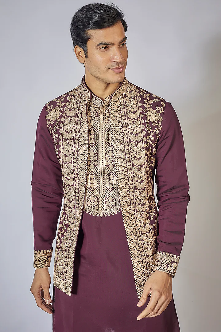 Purple Embroidered Kurta-Jacket Set