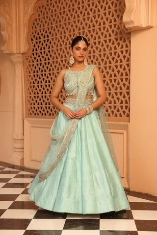 Afsa - Misty Green Lehenga with Blouse and Dupatta