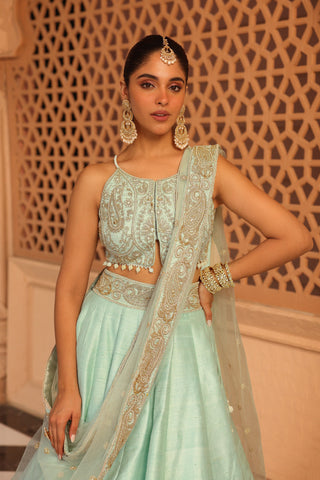 Afsa - Misty Green Lehenga with Blouse and Dupatta