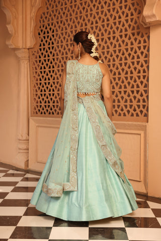 Afsa - Misty Green Lehenga with Blouse and Dupatta