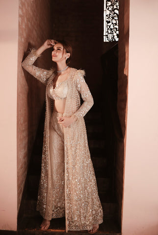 GREY HEAVILY EMBROIDERD JACKET SHARARA