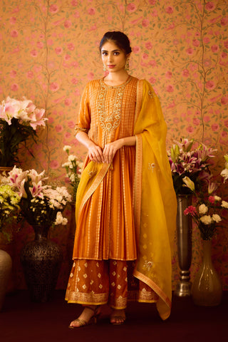 Amber Glow Yellow Mustard Kurta Flared Pant Set