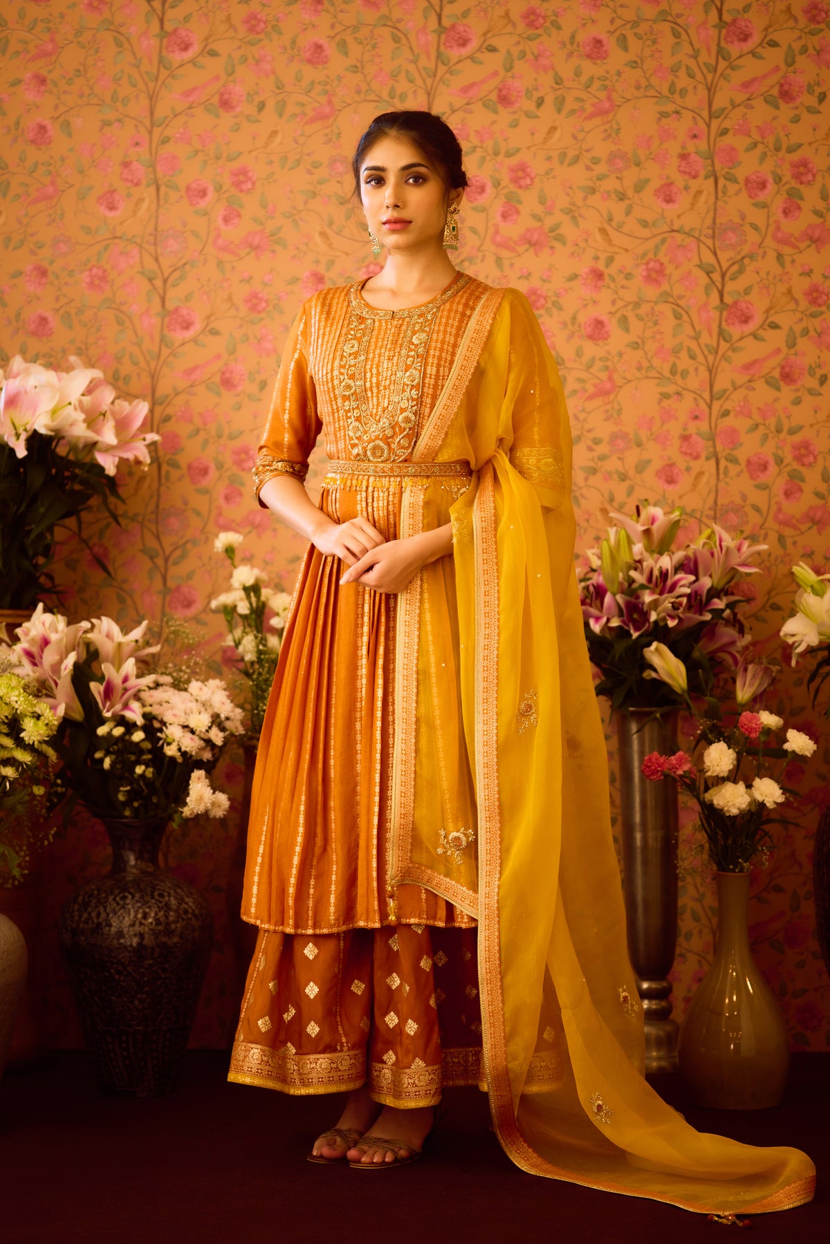 Amber Glow Yellow Mustard Kurta Flared Pant Set