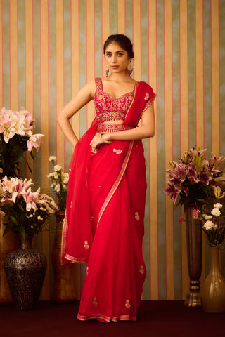 Scarlet Red Maroon Saree Set