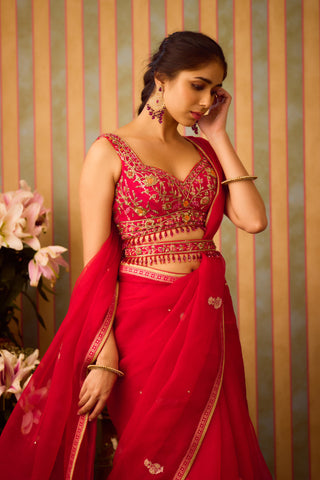 Scarlet Red Maroon Saree Set