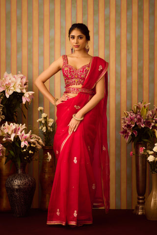 Scarlet Red Maroon Saree Set