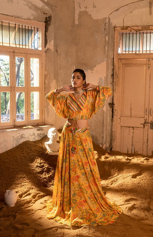 A embroidered crop top with skirt