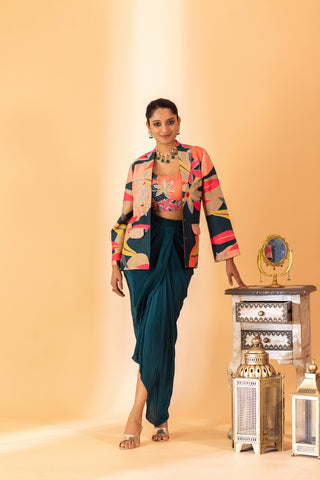 A multi color embroidered jacket set paired with bustier and drape skirt