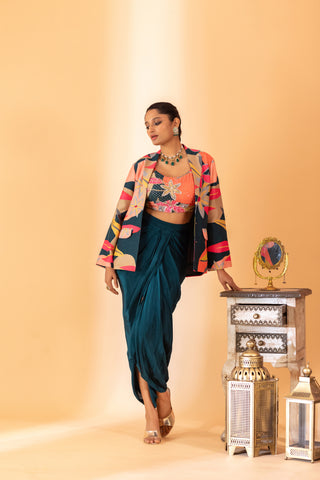 A multi color embroidered jacket set paired with bustier and drape skirt