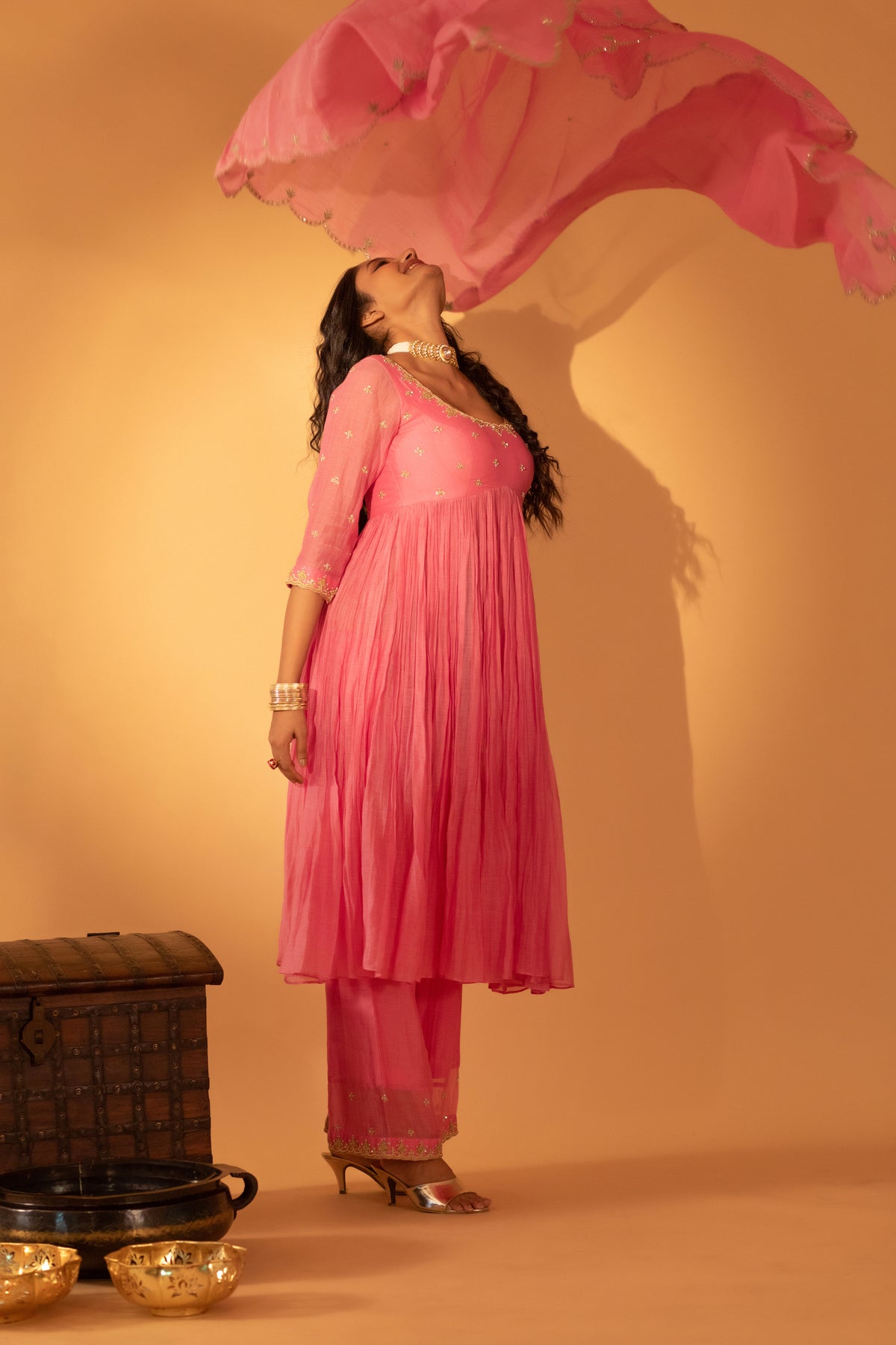 A rose pink anarkali set with pants and duptta