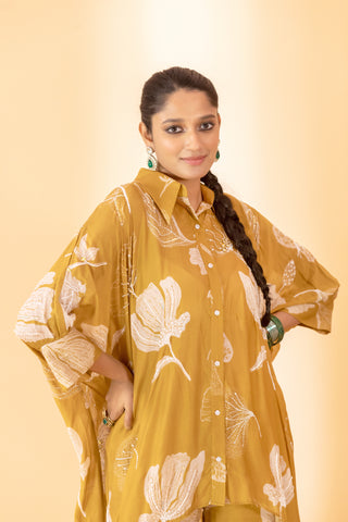 A mustard print embroidered co-ord set